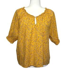 Old Navy Floral Peasant Top Women's M Yellow Blouse Shirt Bohemian